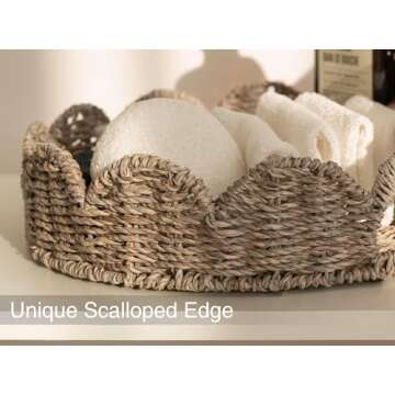 StorageWorks Scalloped Tray, Round Serving Tray with Handles, Round Wicker Tray Seagrass Basket Table Décor Trays, Outdoor Serving Tray Scallop Tray for Ottoman Decorative and Organizer Trays