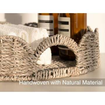 StorageWorks Scalloped Tray, Round Serving Tray with Handles, Round Wicker Tray Seagrass Basket Table Décor Trays, Outdoor Serving Tray Scallop Tray for Ottoman Decorative and Organizer Trays