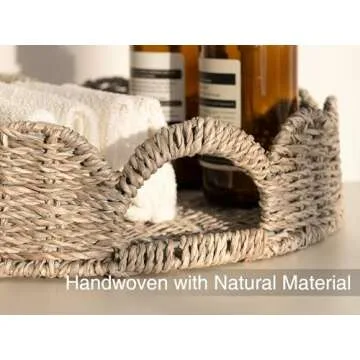 StorageWorks Scalloped Tray, Round Serving Tray with Handles, Round Wicker Tray Seagrass Basket Table Décor Trays, Outdoor Serving Tray Scallop Tray for Ottoman Decorative and Organizer Trays