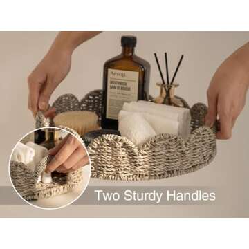 StorageWorks Scalloped Tray, Round Serving Tray with Handles, Round Wicker Tray Seagrass Basket Table Décor Trays, Outdoor Serving Tray Scallop Tray for Ottoman Decorative and Organizer Trays