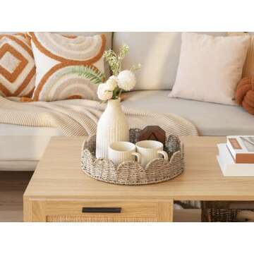 StorageWorks Scalloped Tray, Round Serving Tray with Handles, Round Wicker Tray Seagrass Basket Table Décor Trays, Outdoor Serving Tray Scallop Tray for Ottoman Decorative and Organizer Trays