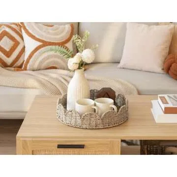 StorageWorks Scalloped Tray, Round Serving Tray with Handles, Round Wicker Tray Seagrass Basket Table Décor Trays, Outdoor Serving Tray Scallop Tray for Ottoman Decorative and Organizer Trays