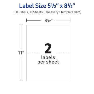Avery Half-Sheet Printable Shipping Labels, 5.5" x 8.5" Customizable Stickers, White, 50 per Pack, 100 Blank Mailing Labels Total, Great for Mailing, Shipping, Organizing, and More (2-Pack of 8126)
