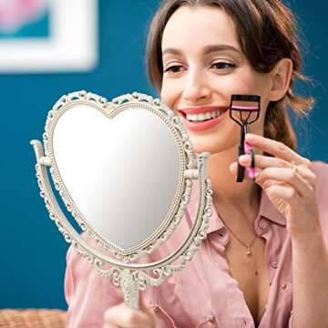 RECEESOON White Heart Mirror Double Sides, Tabletop Mount Aesthetic Heart Shaped Mirror, Vanity Make...