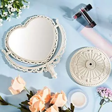 RECEESOON White Heart Mirror Double Sides, Tabletop Mount Aesthetic Heart Shaped Mirror, Vanity Makeup Mirror for Desk, Cute Vintage Mirror
