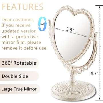 RECEESOON White Heart Mirror Double Sides, Tabletop Mount Aesthetic Heart Shaped Mirror, Vanity Makeup Mirror for Desk, Cute Vintage Mirror