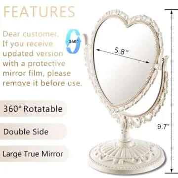 RECEESOON White Heart Mirror Double Sides, Tabletop Mount Aesthetic Heart Shaped Mirror, Vanity Makeup Mirror for Desk, Cute Vintage Mirror
