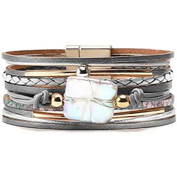 Fesciory Leopard Bracelet - Boho Leather Wrap Multi-Layer Pearl Jewelry