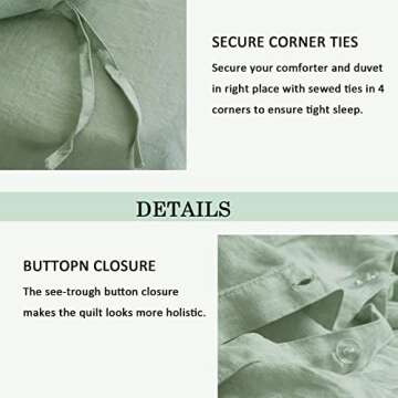 S VICTORY SYMBOL 100% Organic Linen Duvet Cover Set Queen,Stone Washed French Flax Quilt Bedding Set 3 Pieces,Comforter Cover(Light Green) Soft,Breathable
