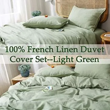 S VICTORY SYMBOL 100% Organic Linen Duvet Cover Set Queen,Stone Washed French Flax Quilt Bedding Set 3 Pieces,Comforter Cover(Light Green) Soft,Breathable