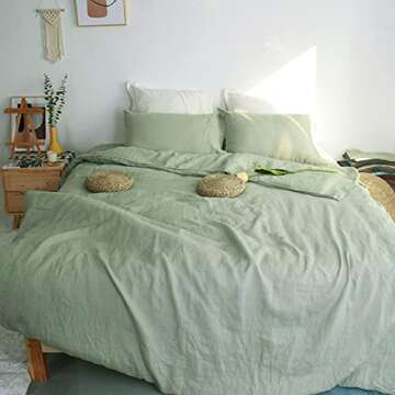 S VICTORY SYMBOL 100% Organic Linen Duvet Cover Set Queen,Stone Washed French Flax Quilt Bedding Set 3 Pieces,Comforter Cover(Light Green) Soft,Breathable