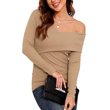Stylish POKWAI Long Sleeve Off-Shoulder Top - Khaki
