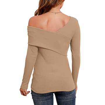 Stylish POKWAI Long Sleeve Off-Shoulder Top - Khaki
