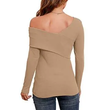 Stylish POKWAI Long Sleeve Off-Shoulder Top - Khaki
