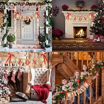 Whaline Christmas Burlap Banner Joy Bunting Flag Snowflake Banner with Ribbon Bows Rustic Hanging Banner Garland for Christmas Winter Holiday New Year Party Mantel Fireplace Decoration Supplies