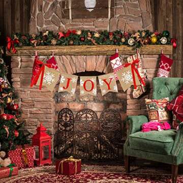 Whaline Christmas Burlap Banner Joy Bunting Flag Snowflake Banner with Ribbon Bows Rustic Hanging Banner Garland for Christmas Winter Holiday New Year Party Mantel Fireplace Decoration Supplies