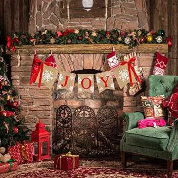 Whaline Christmas Burlap Banner Joy Bunting Flag Snowflake Banner with Ribbon Bows Rustic Hanging Banner Garland for Christmas Winter Holiday New Year Party Mantel Fireplace Decoration Supplies