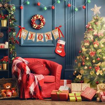 Whaline Christmas Burlap Banner Joy Bunting Flag Snowflake Banner with Ribbon Bows Rustic Hanging Banner Garland for Christmas Winter Holiday New Year Party Mantel Fireplace Decoration Supplies