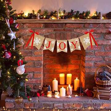 Whaline Christmas Burlap Banner Joy Bunting Flag Snowflake Banner with Ribbon Bows Rustic Hanging Banner Garland for Christmas Winter Holiday New Year Party Mantel Fireplace Decoration Supplies