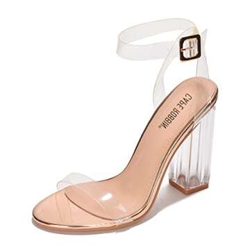 Cape Robbin Maria-2 Clear Strappy Rose Gold Block High Heel Open Toe Sandal (Rose Gold, 9)