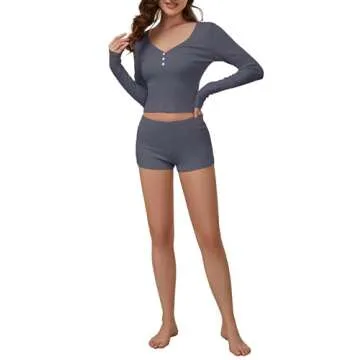 SAFRISIOR Women 2 Pieces Lounge Set Pajama Set Ribbed Knit V Neck Long Sleeve Crop T-Shirt And Shorts Sleepwear Loungewear Dark Grey