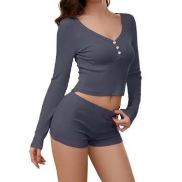 SAFRISIOR Women 2 Pieces Lounge Set Pajama Set Ribbed Knit V Neck Long Sleeve Crop T-Shirt And Shorts Sleepwear Loungewear Dark Grey