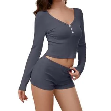 SAFRISIOR Women 2 Pieces Lounge Set Pajama Set Ribbed Knit V Neck Long Sleeve Crop T-Shirt And Shorts Sleepwear Loungewear Dark Grey