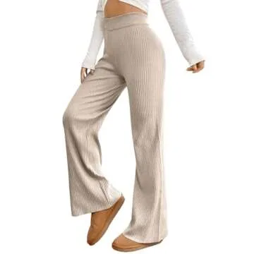 MakeMeChic Women's Wide Leg Pants Ribbed Knit High Waist Casual Lounge Pants Apricot S