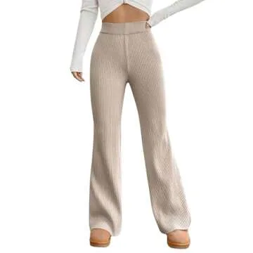 MakeMeChic Women's Wide Leg Pants Ribbed Knit High Waist Casual Lounge Pants Apricot S