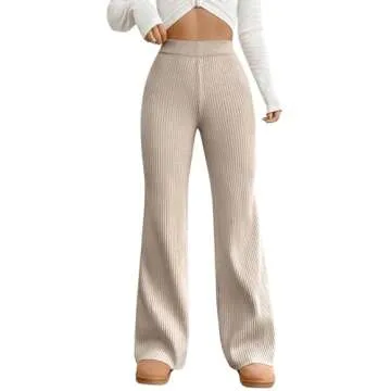 MakeMeChic Women's Wide Leg Pants Ribbed Knit High Waist Casual Lounge Pants Apricot S