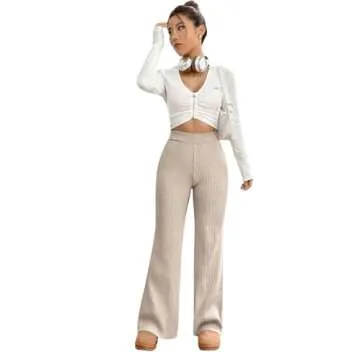 MakeMeChic Women's Wide Leg Pants Ribbed Knit High Waist Casual Lounge Pants Apricot S