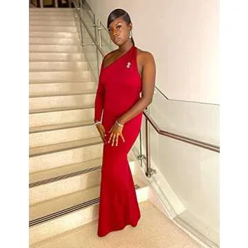 BEAGIMEG Women's Sexy Elegant One Shoulder Backless Evening Long Dress Red