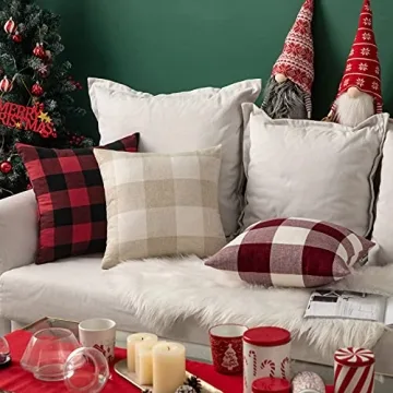 MIULEE Pack of 2 Farmhouse Buffalo Check Plaids Polyester Linen Soft Soild Decorative Square Throw Pillow Covers Outdoor Home Decor Cushion Case for Sofa Bedroom 18x18 Inch Cream White and White