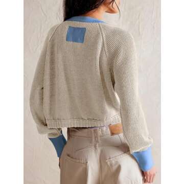 Women's Cropped Cardigan Sweaters Fall Long Sleeve Open Front Cardigans Button Down Color Block Crewneck Knit Outwear Coats Apricot