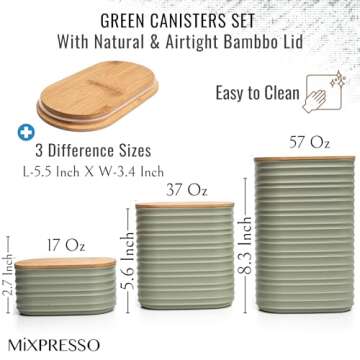 Mixpresso 3 Pcs Olive Green Canisters Sets For The Kitchen, Airtight Plastic Canister With Bamboo Li...
