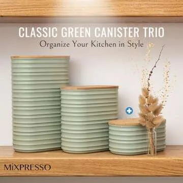 Mixpresso 3 Pcs Olive Green Canisters Sets For The Kitchen, Airtight Plastic Canister With Bamboo Lid, Coffee And Sugar Canister Set, Decorative Sugar Container, Kitchen Decor For Counter