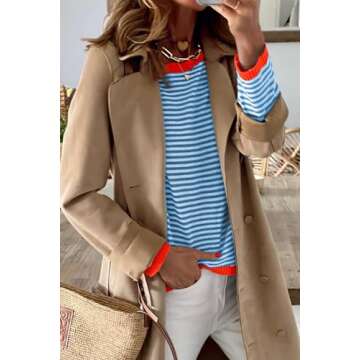 NARURAL Womens Lightweight Cotton Sweaters Long Sleeve Crew Neck Color Block Striped Casual Knitted Pullover Tops,Medium