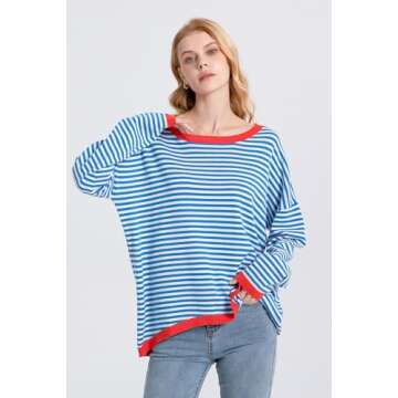 NARURAL Womens Lightweight Cotton Sweaters Long Sleeve Crew Neck Color Block Striped Casual Knitted Pullover Tops,Medium