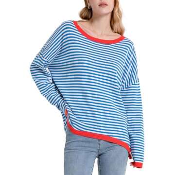 NARURAL Womens Lightweight Cotton Sweaters Long Sleeve Crew Neck Color Block Striped Casual Knitted Pullover Tops,Medium