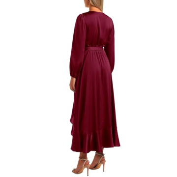 PRETTYGARDEN Women's 2023 Fall Dresses Casual Long Sleeve Wrap V Neck Maxi Dress High Low Wedding Guest Dress Ruffle Hem (Wine Red,Large)