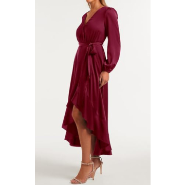 PRETTYGARDEN Women's 2023 Fall Dresses Casual Long Sleeve Wrap V Neck Maxi Dress High Low Wedding Guest Dress Ruffle Hem (Wine Red,Large)