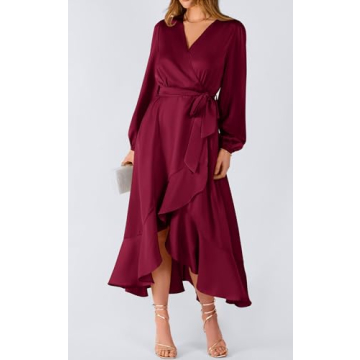 PRETTYGARDEN Women's 2023 Fall Dresses Casual Long Sleeve Wrap V Neck Maxi Dress High Low Wedding Guest Dress Ruffle Hem (Wine Red,Large)