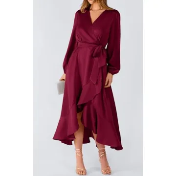 PRETTYGARDEN Women's 2023 Fall Dresses Casual Long Sleeve Wrap V Neck Maxi Dress High Low Wedding Guest Dress Ruffle Hem (Wine Red,Large)