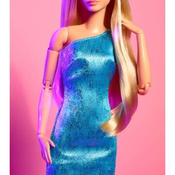 Barbie Looks Doll, Collectible No. 23 with Ash Blonde Hair & Modern Y2K Fashion, Metallic Blue One-Shoulder Dress with Strappy Heels