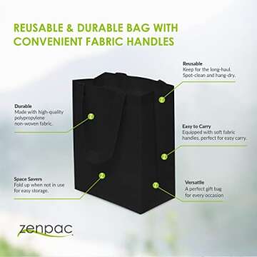 ZENPAC Reusable Black Gift Bags with Handles, Canvas Fabric Cloth Tote for Small Business, Merchandi...