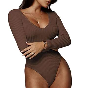 Weigou Women Bodysuits Jumpsuits Deep V Neck Long Sleeve Bodycon Stretch Jumpsuit Leotard Bodysuit T...