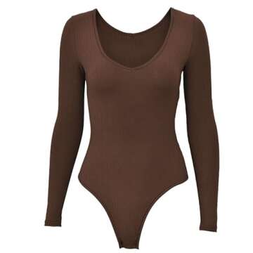 Weigou Deep V Neck Long Sleeve Bodysuits for Women