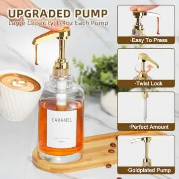ALPIRIRAL Coffee Syrup Dispenser, Glass Syrup Pump Dispenser for Coffee Bar Accessories, Maple Syrup Bottles with Tray, Simple Syrup Bottles with 1/4oz Large Capacity Gold Pump, 3 Pack 16.9 Fl oz
