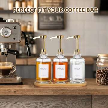 ALPIRIRAL Coffee Syrup Dispenser, Glass Syrup Pump Dispenser for Coffee Bar Accessories, Maple Syrup Bottles with Tray, Simple Syrup Bottles with 1/4oz Large Capacity Gold Pump, 3 Pack 16.9 Fl oz