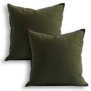 Jeanerlor Eco-Friendly 24 x 24 Inch Cotton Linen Soft Solid Decorative Throw Pillow Covers in Olive ...